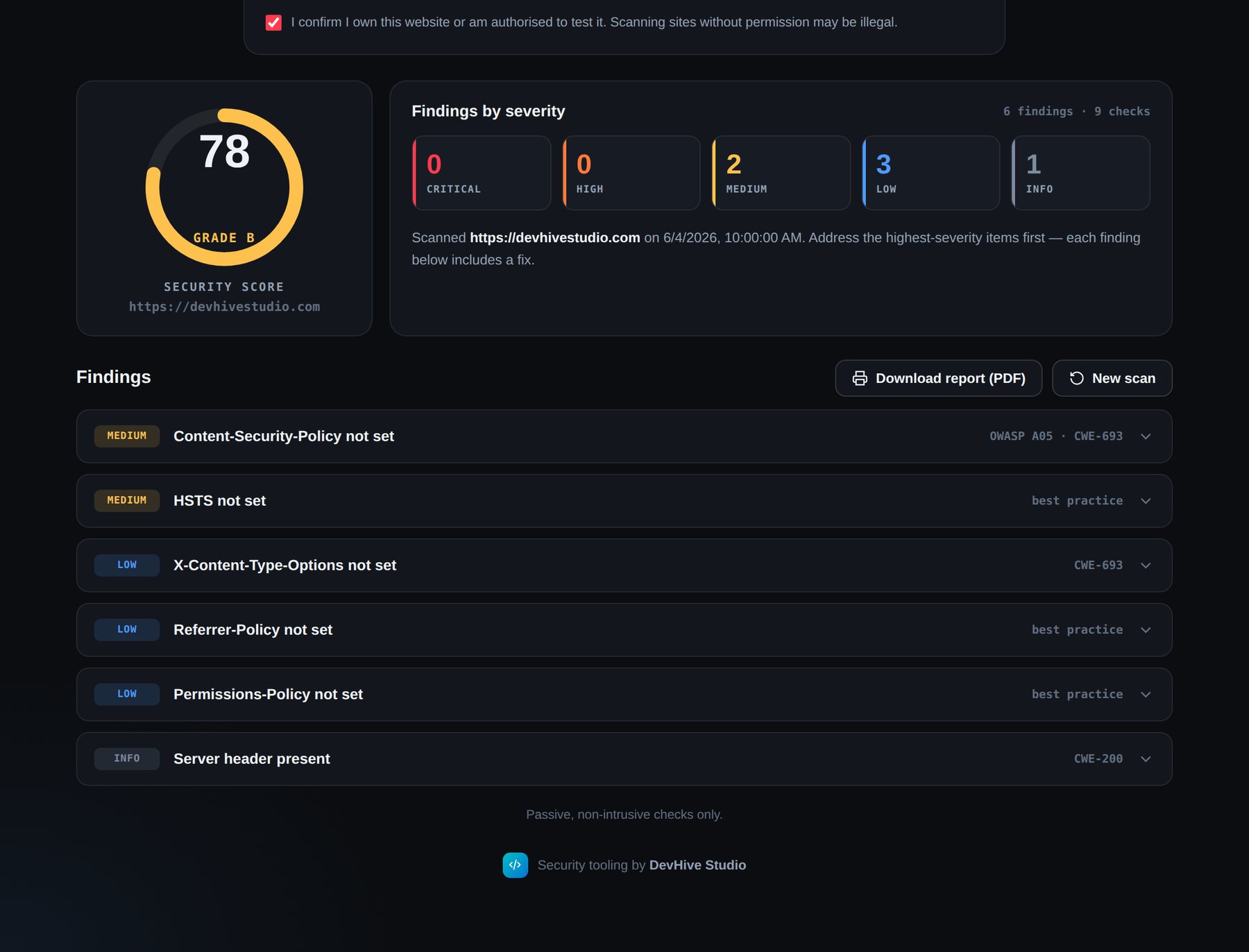 Sentinel web security scanner by DevHive Studio