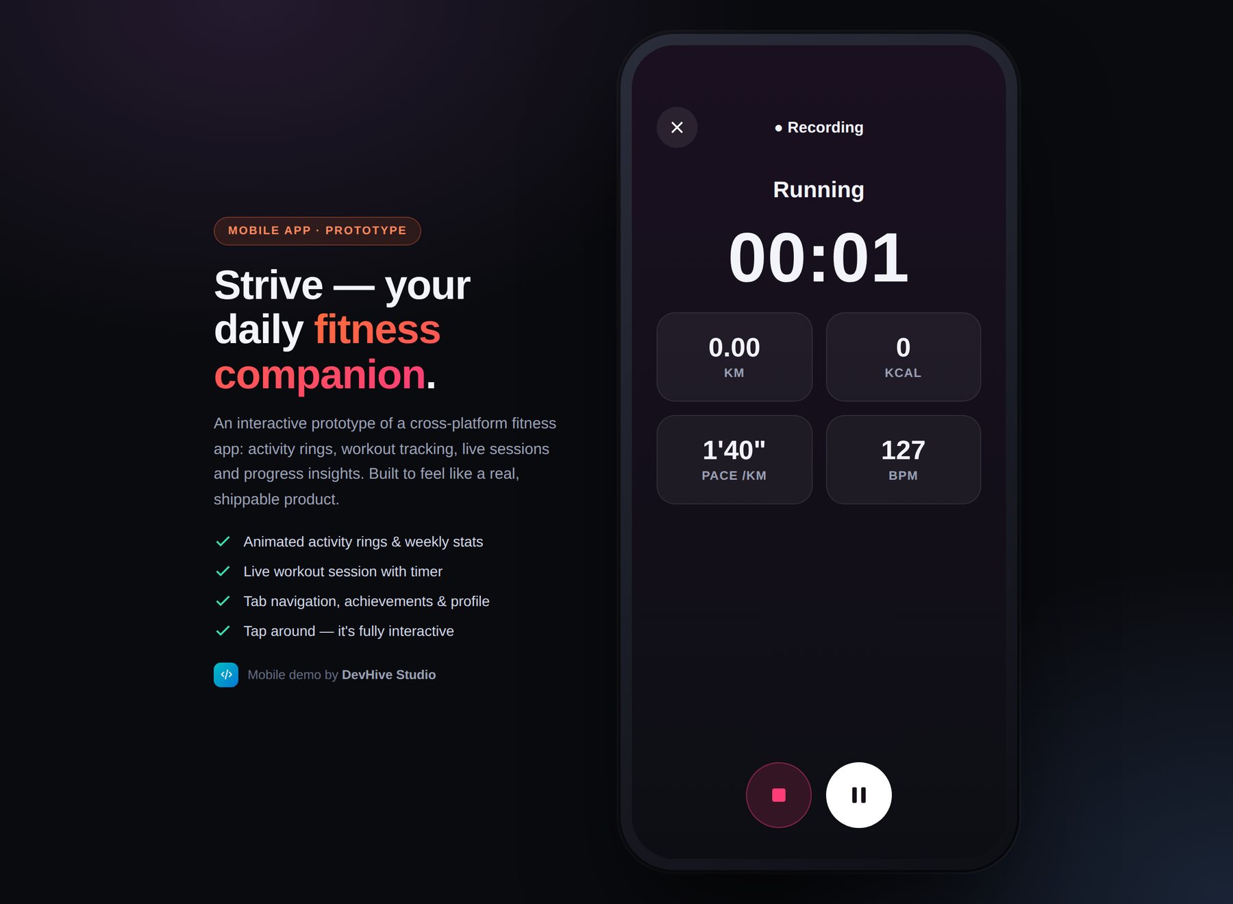 Strive live workout session tracking screen by DevHive Studio